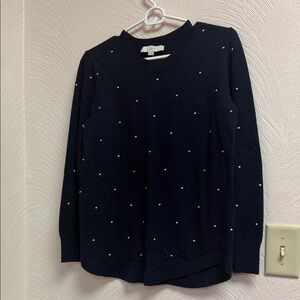 LOFT Navy Crew Sweater with Pearl Dot Accents